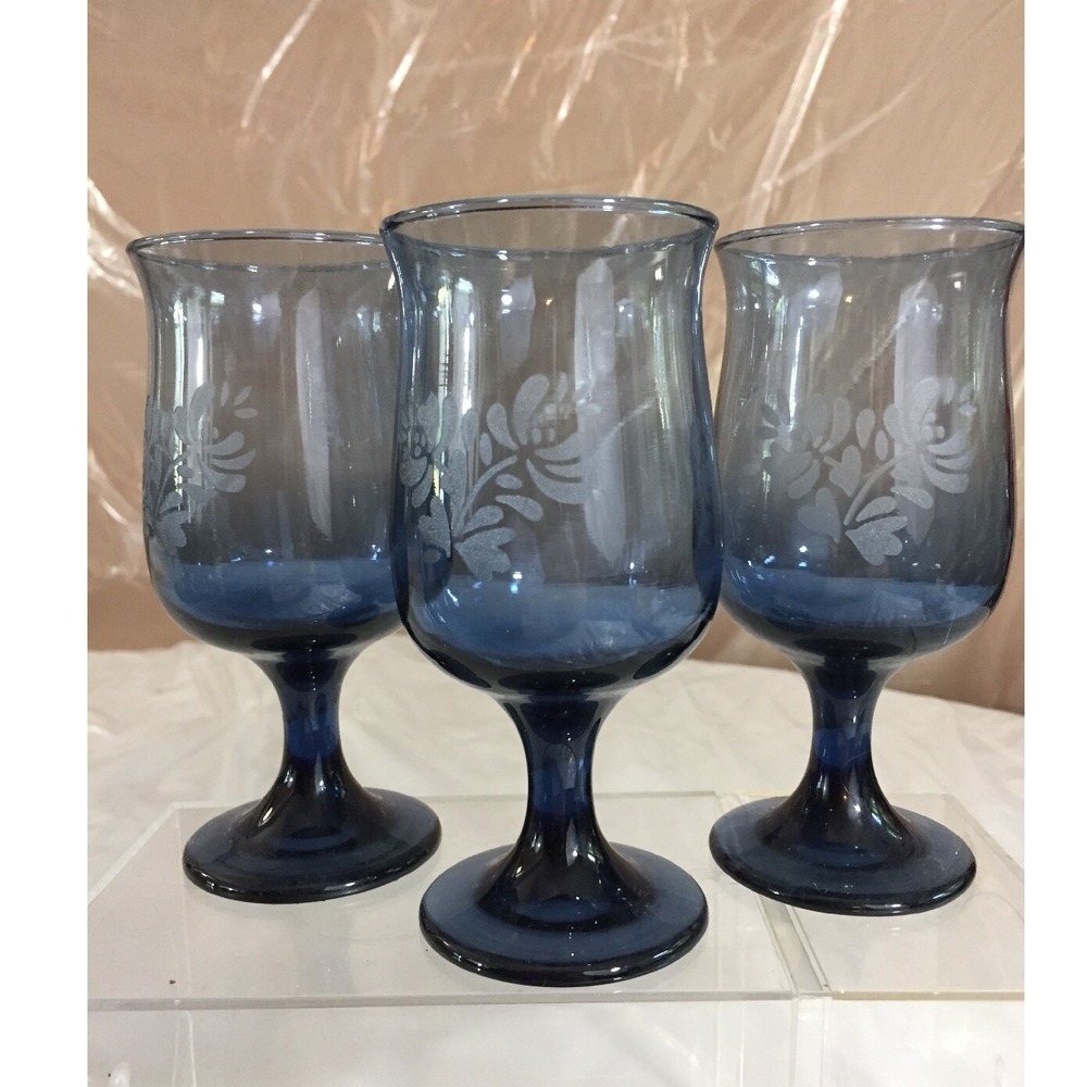 VTG Tulip Shaped Frosted Floral Goblets Smoky Blue Gray 7 Oz‎ Set Of 3 Barware